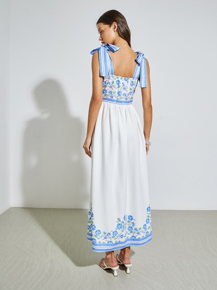 Blue Floral Print Tie-Strap Maxi Dress