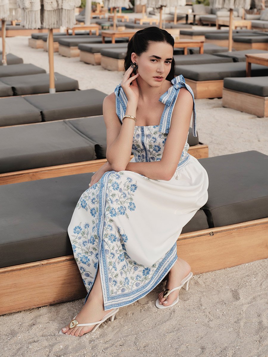 Blue Floral Print Tie-Strap Maxi Dress
