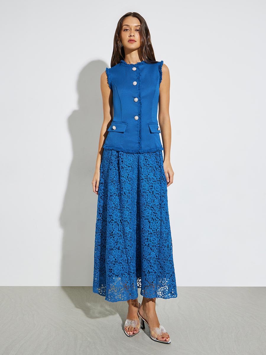 Blue Lace Sleeveless Blazer Maxi Dress