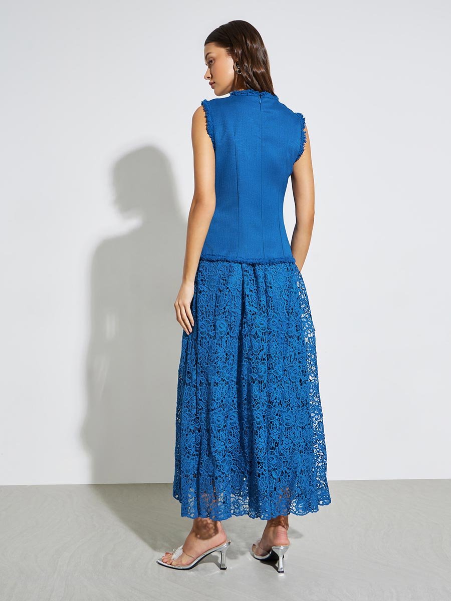 Blue Lace Sleeveless Blazer Maxi Dress