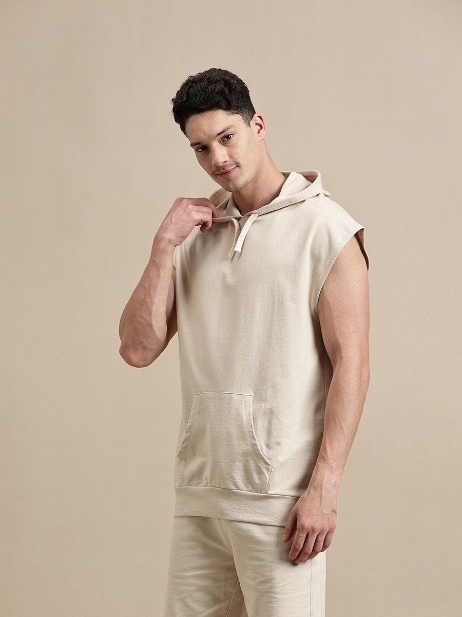 Men Beige Sleeveless Hoodie