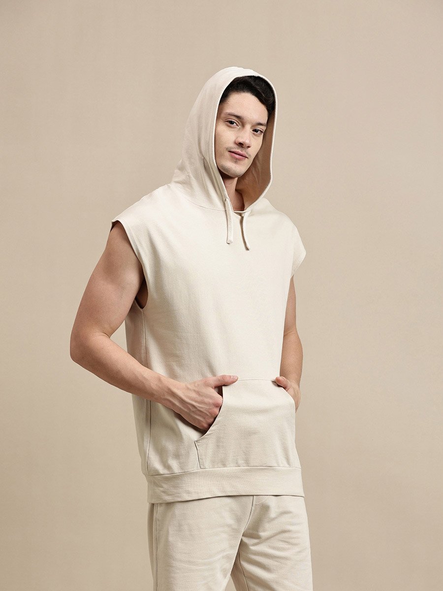 Men Beige Sleeveless Hoodie