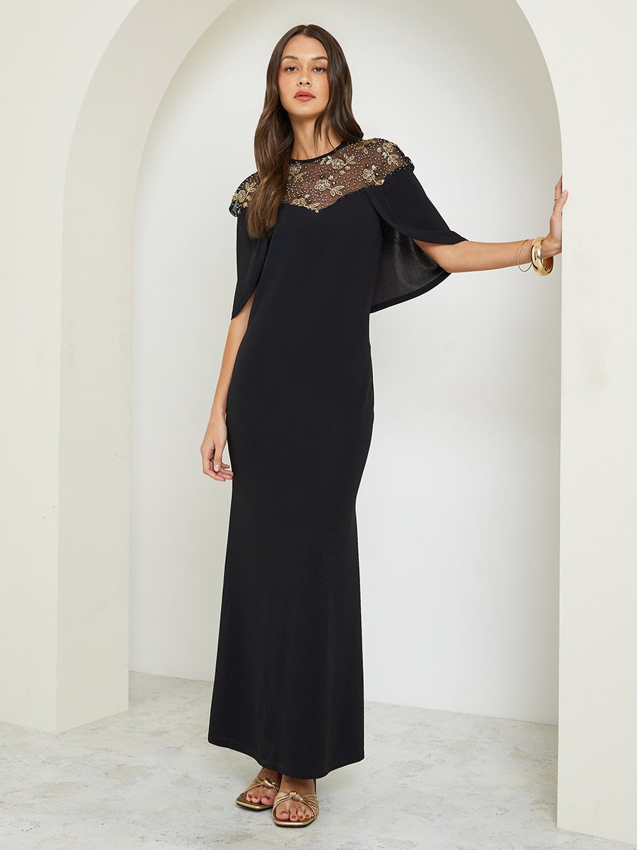 Black Embellished Cape Sleeve Maxi Dress