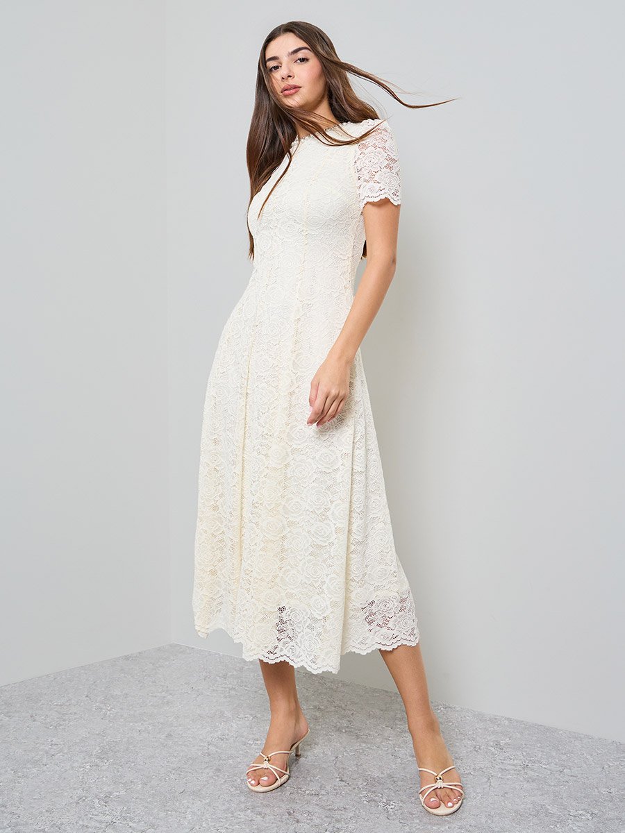 Cream Lace A-Line Midi Dress with Embellishment