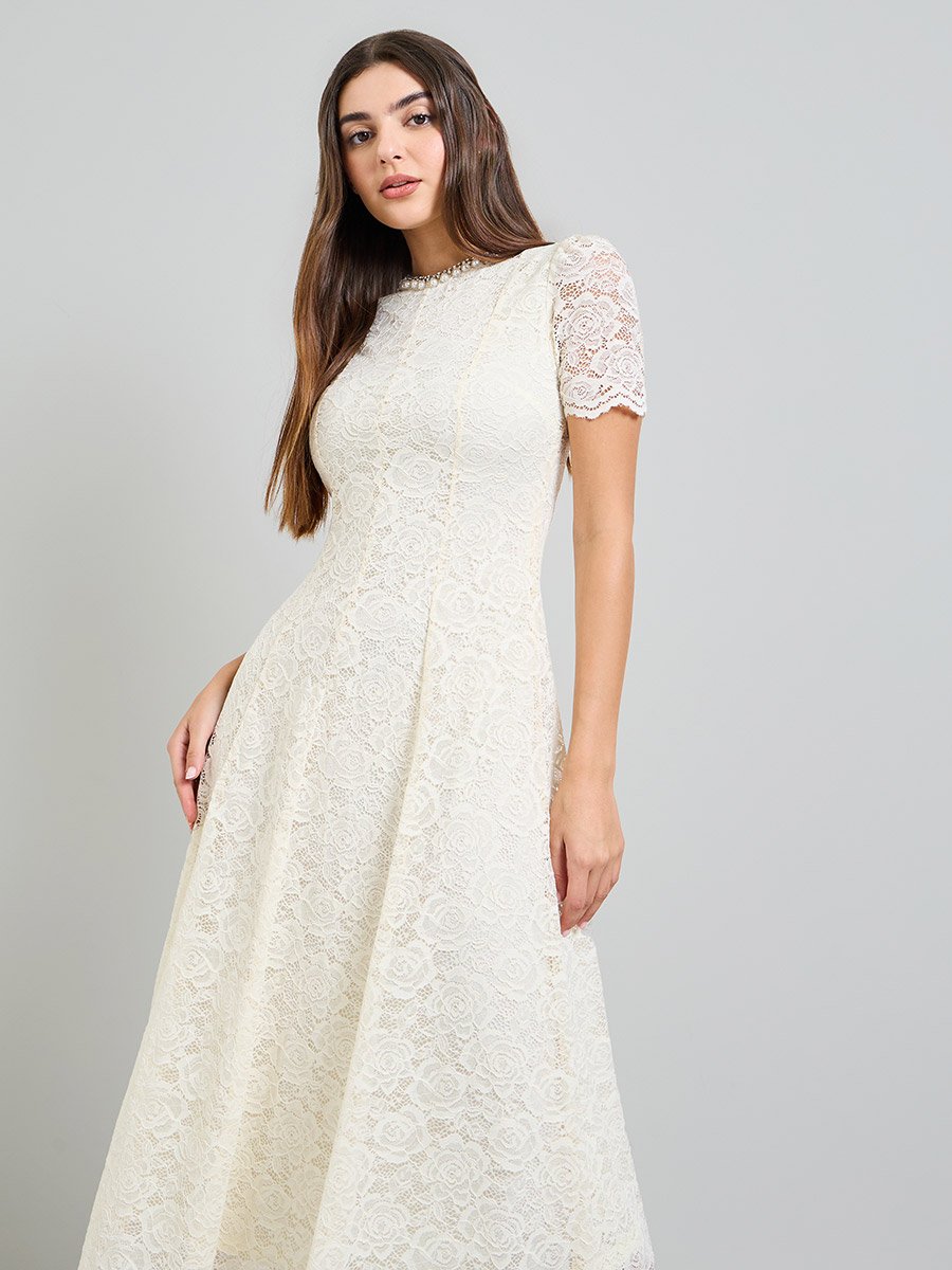 Cream Lace A-Line Midi Dress with Embellishment