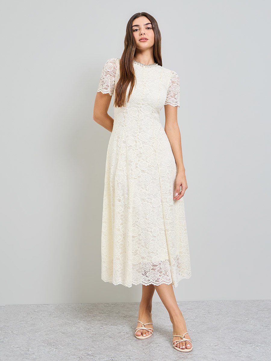 Cream Lace A-Line Midi Dress with Embellishment