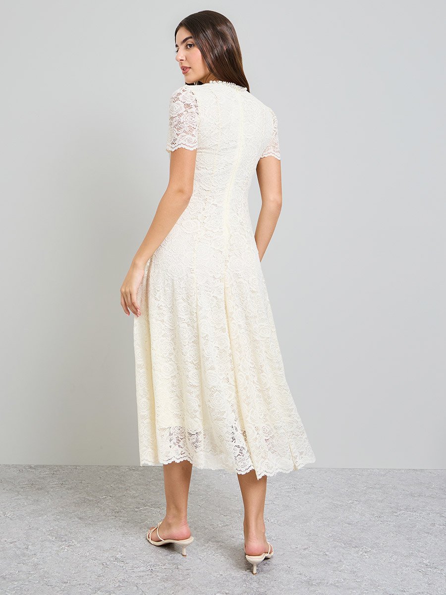 Cream Lace A-Line Midi Dress with Embellishment