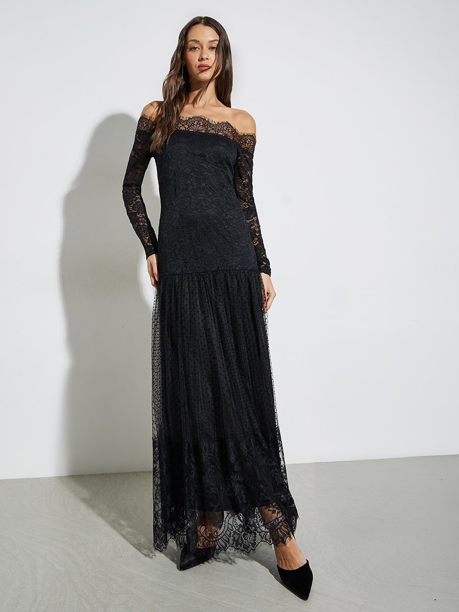 Black Off Shoulder Lace Insert Maxi Dress For Women at Saudi | Styli