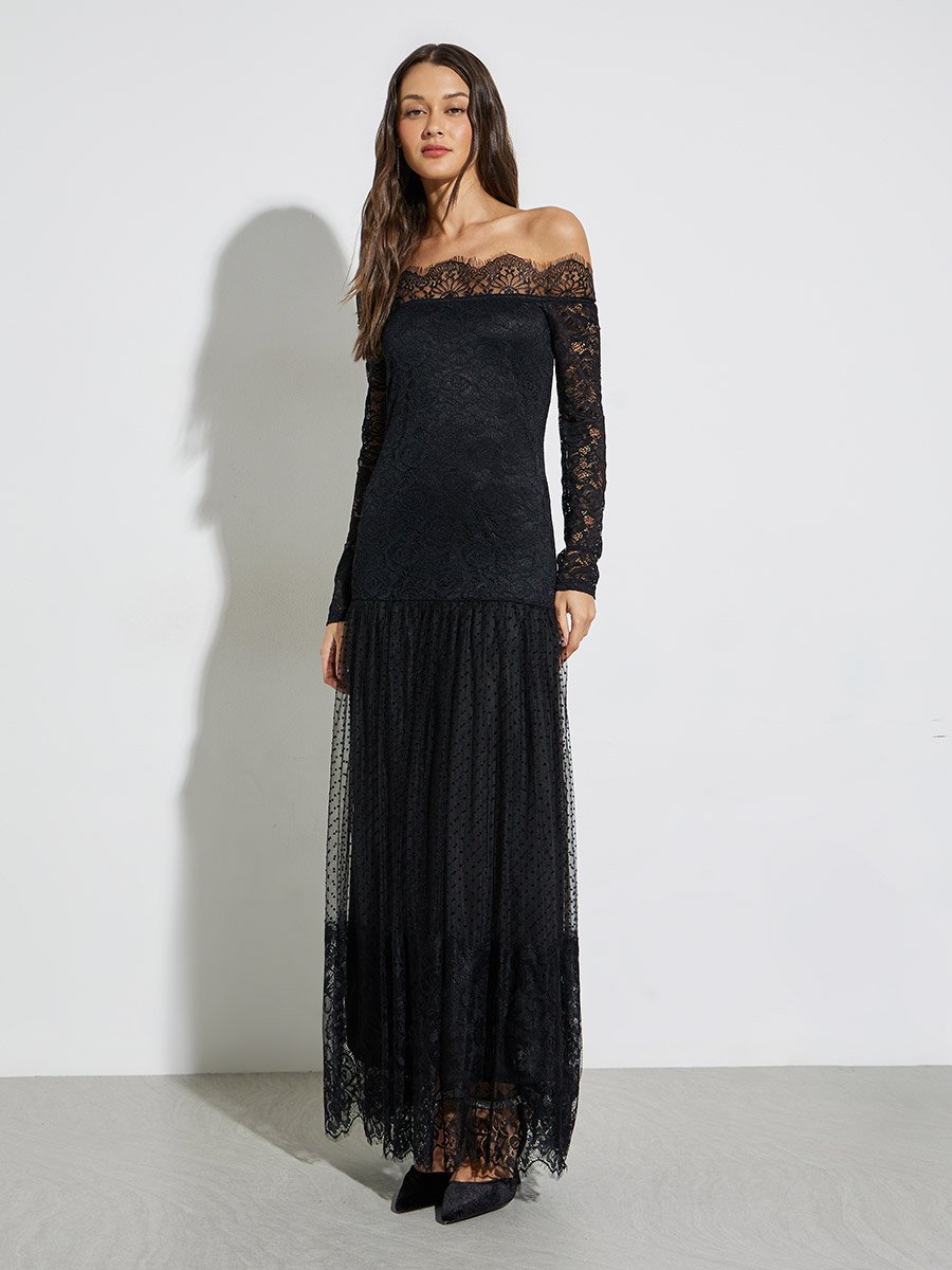 Black Off Shoulder Lace Insert Maxi Dress