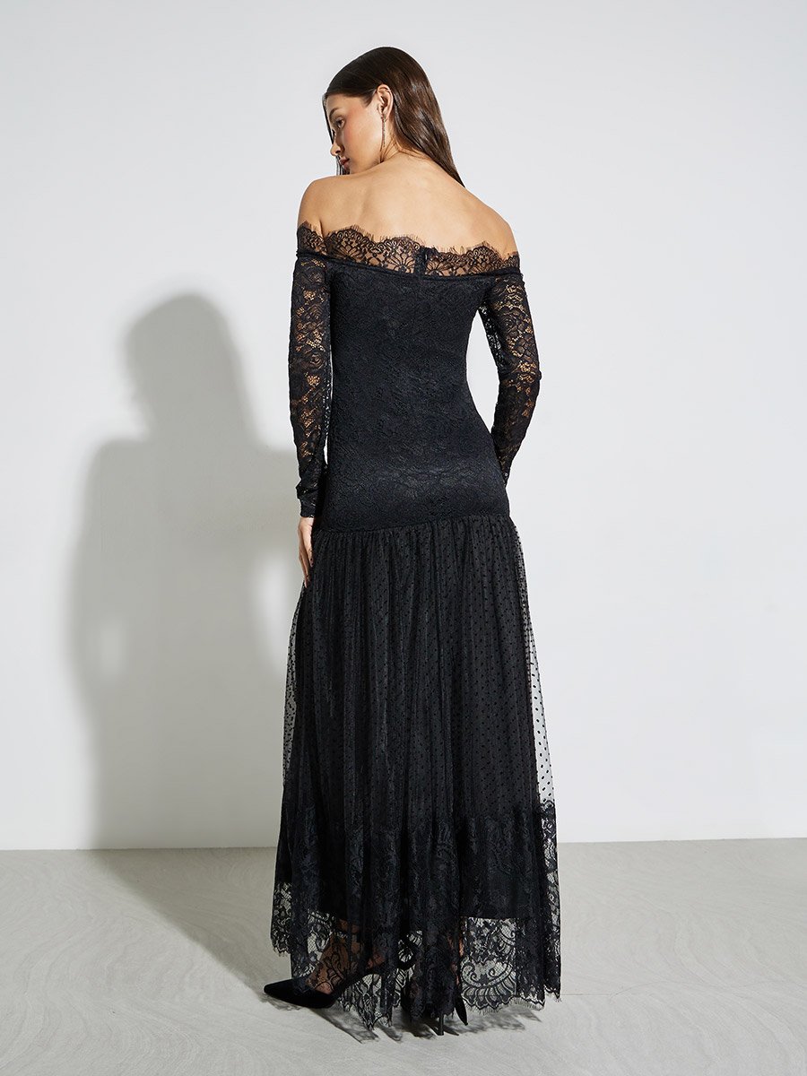 Black Off Shoulder Lace Insert Maxi Dress