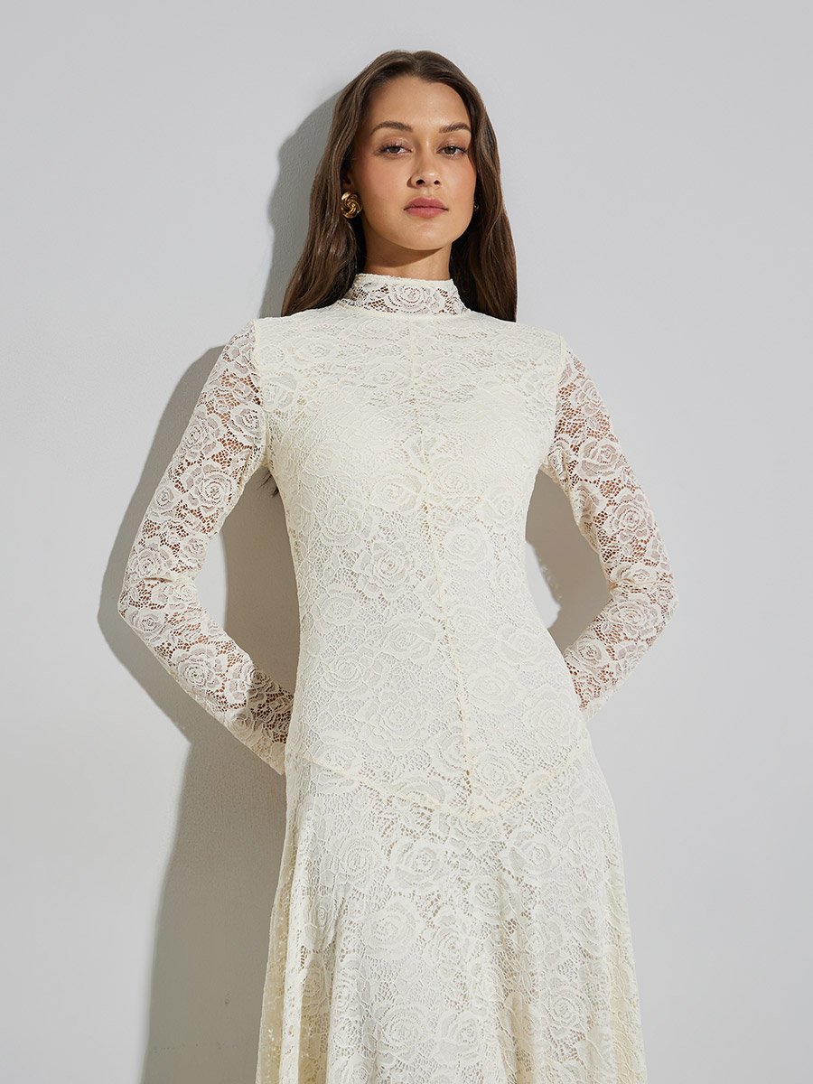 Off White Lace Maxi Dress with Long Sleeves