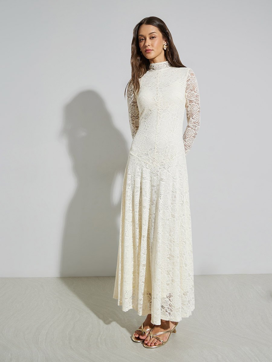 Off White Lace Maxi Dress with Long Sleeves