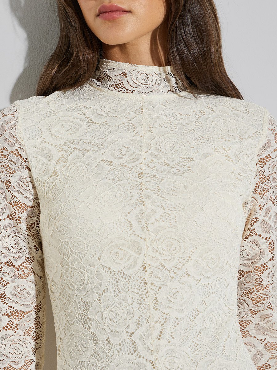 Off White Lace Maxi Dress with Long Sleeves