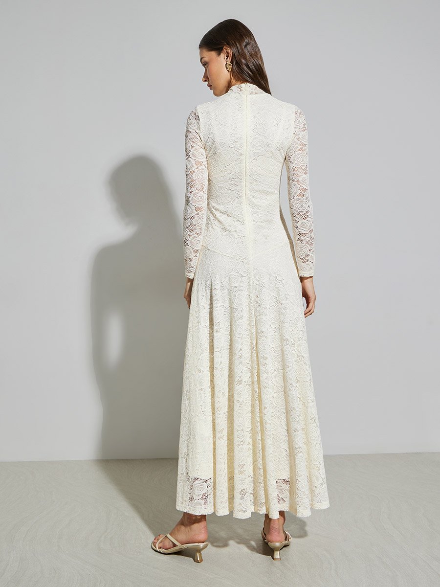 Off White Lace Maxi Dress with Long Sleeves