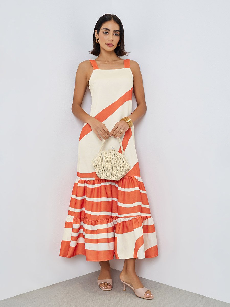 Square Neck Printed Shift Maxi Dress