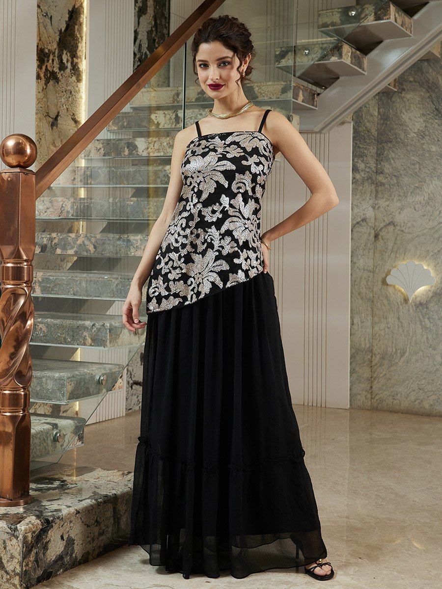 Black Embellished Top and Maxi Skirt Co-Ords