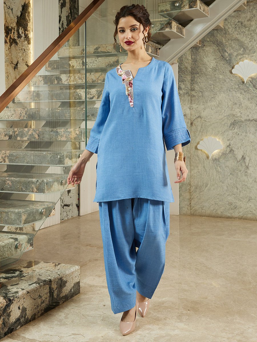 Blue Bead Longline Tunic and Farshi Salwar Co-ords