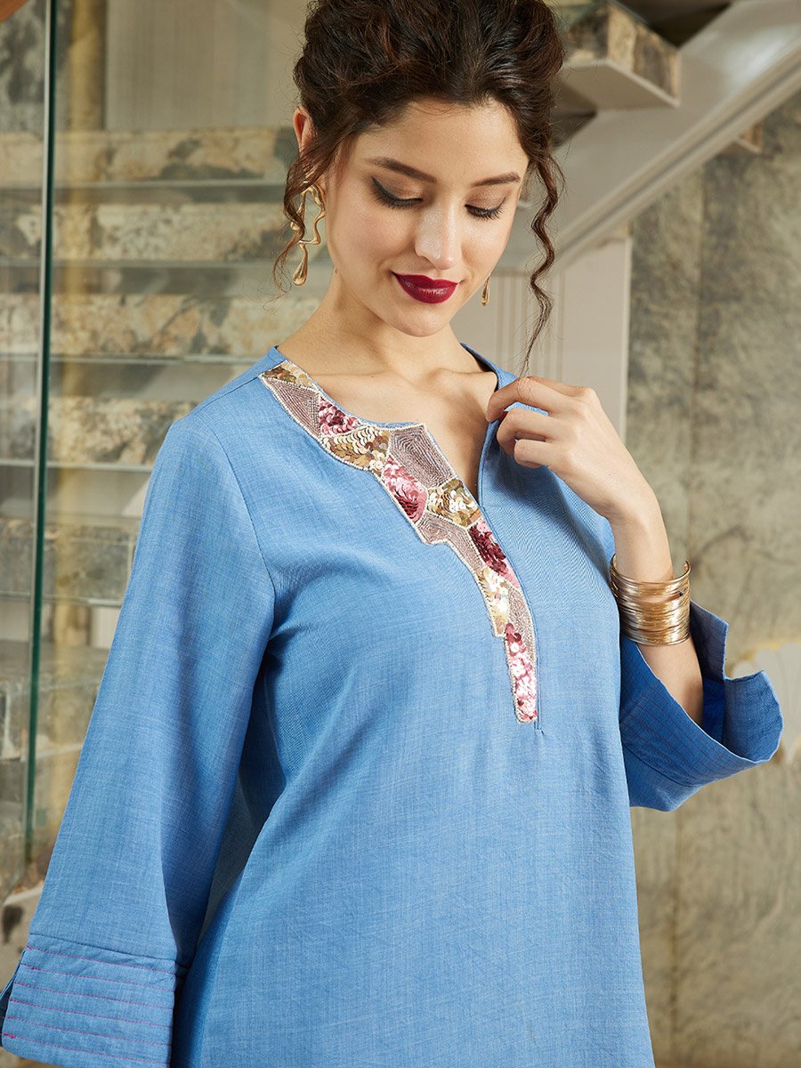 Blue Bead Longline Tunic and Farshi Salwar Co-ords