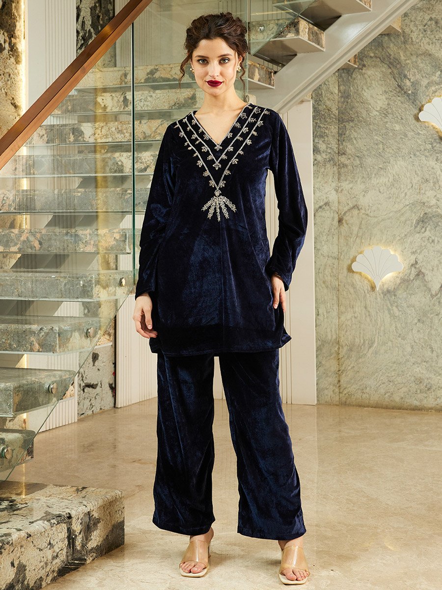 Navy Blue Velvet Look Tunic and Pants Co-ords