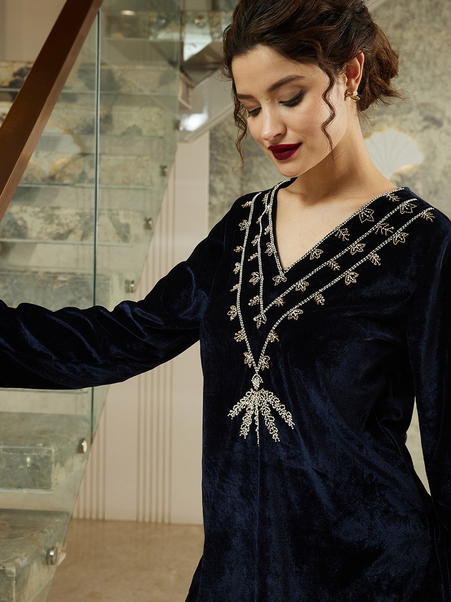 Navy Blue Velvet Look Tunic and Pants Co-ords