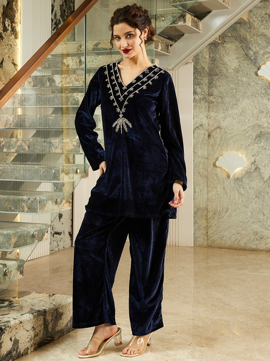 Navy Blue Velvet Look Tunic and Pants Co-ords
