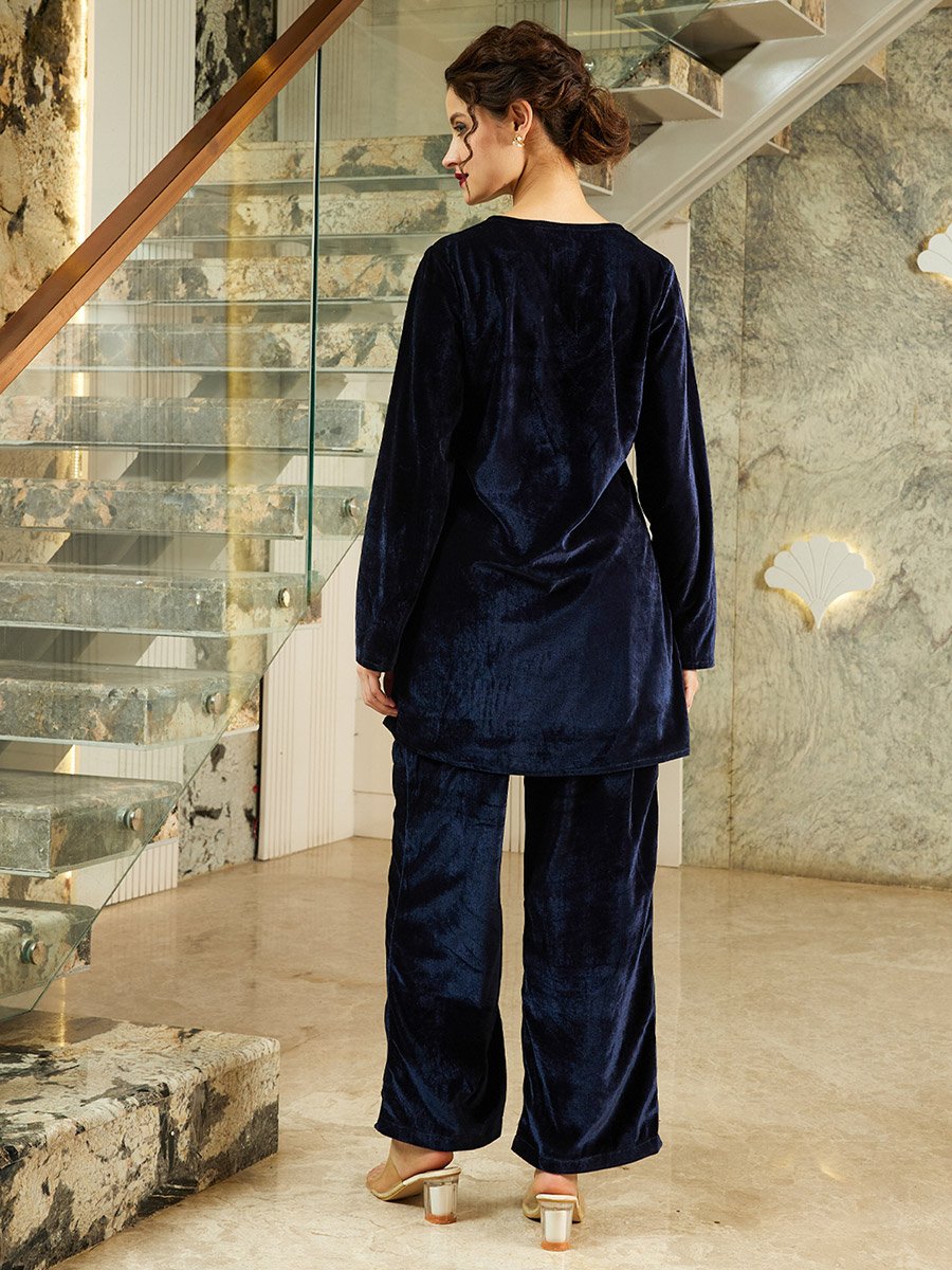 Navy Blue Velvet Look Tunic and Pants Co-ords