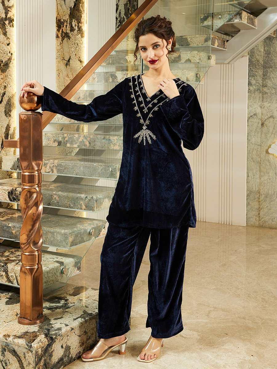 Navy Blue Velvet Look Tunic and Pants Co-ords