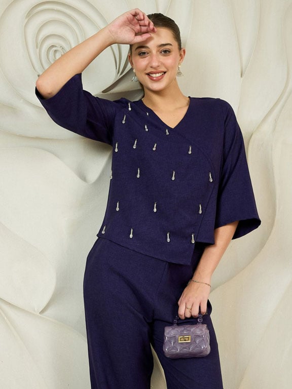 Navy Embellished Top and Pants Co-ords