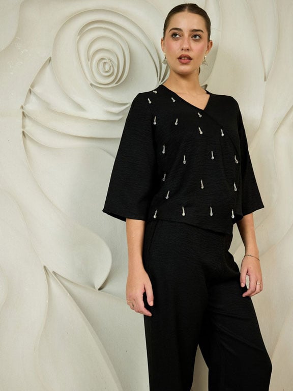 Black Embellished Top and Pants Co-ords
