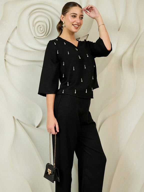 Black Embellished Top and Pants Co-ords