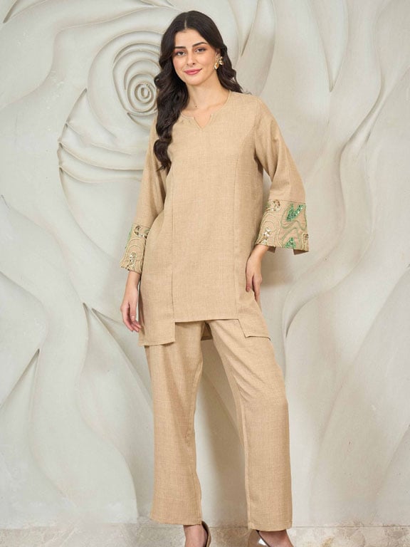 Beige Embroidered Tunic with Trousers Co-Ords
