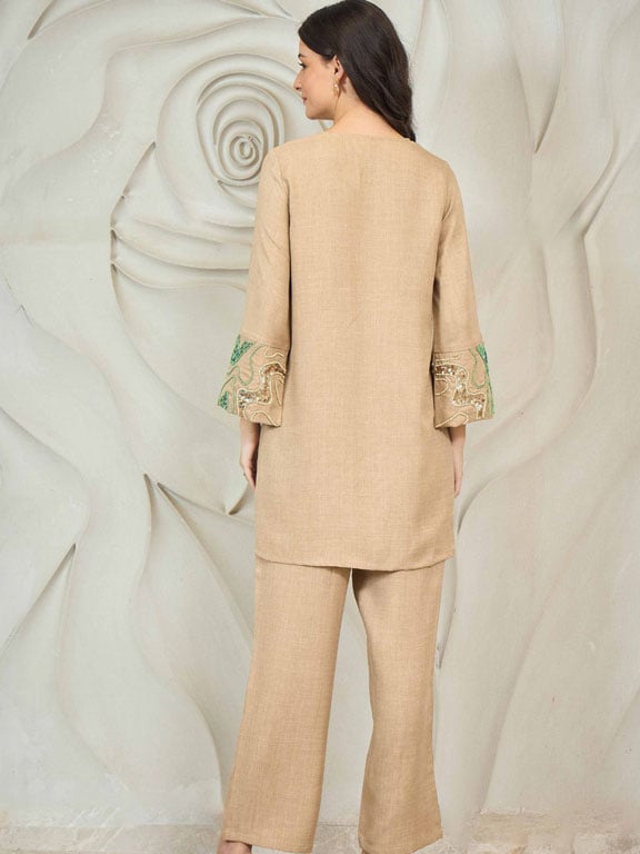 Beige Embroidered Tunic with Trousers Co-Ords