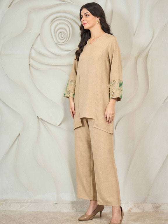 Beige Embroidered Tunic with Trousers Co-Ords