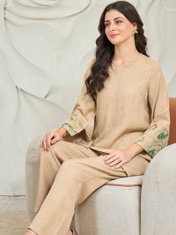 Beige Embroidered Tunic with Trousers Co-Ords