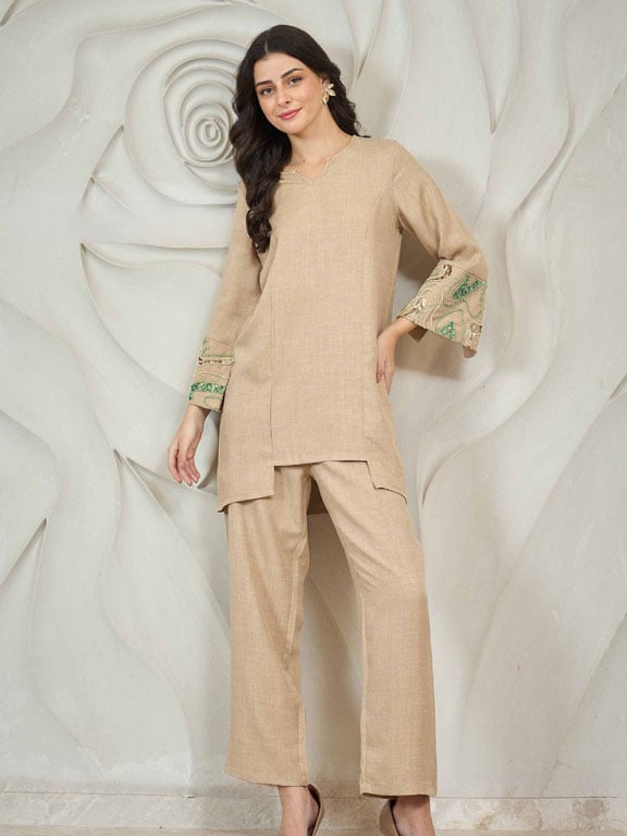 Beige Embroidered Tunic with Trousers Co-Ords