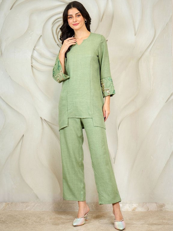 Green Embroidered Tunic with Trousers Co-Ords