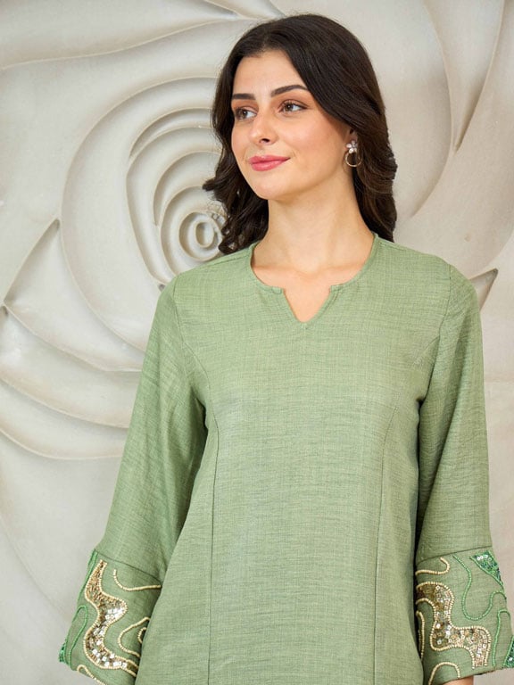 Green Embroidered Tunic with Trousers Co-Ords