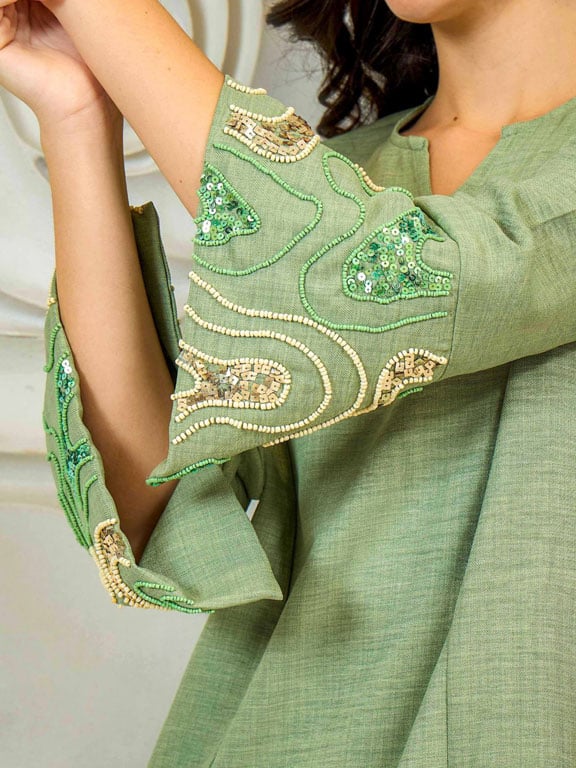 Green Embroidered Tunic with Trousers Co-Ords