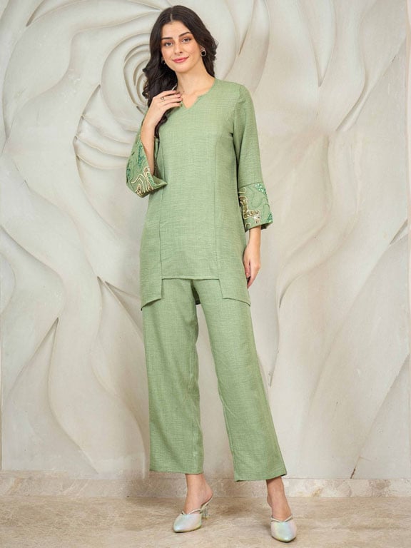 Green Embroidered Tunic with Trousers Co-Ords