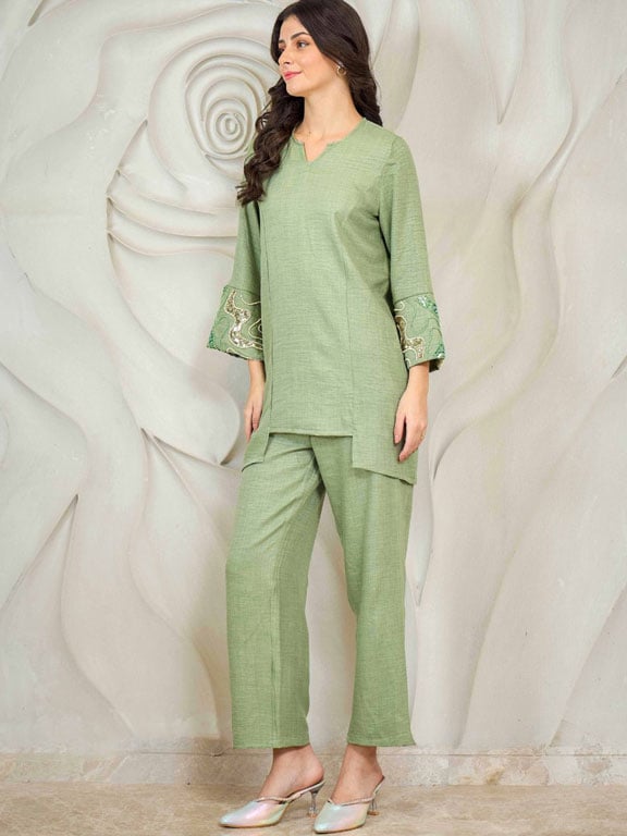 Green Embroidered Tunic with Trousers Co-Ords