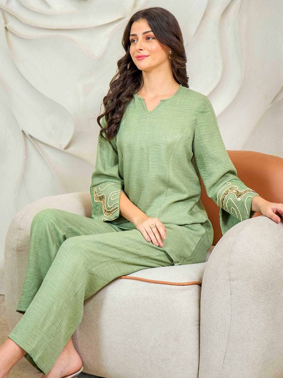 Green Embroidered Tunic with Trousers Co-Ords