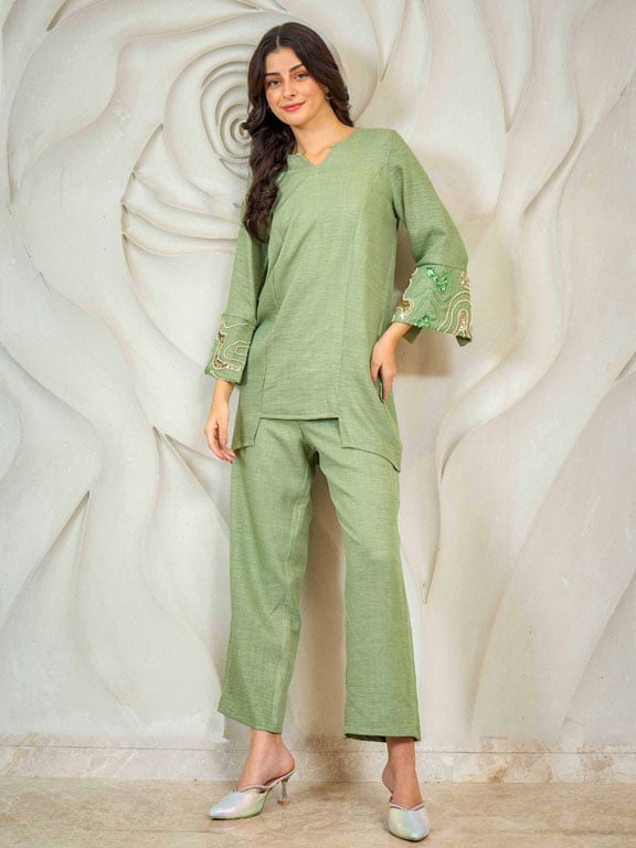 Green Embroidered Tunic with Trousers Co-Ords