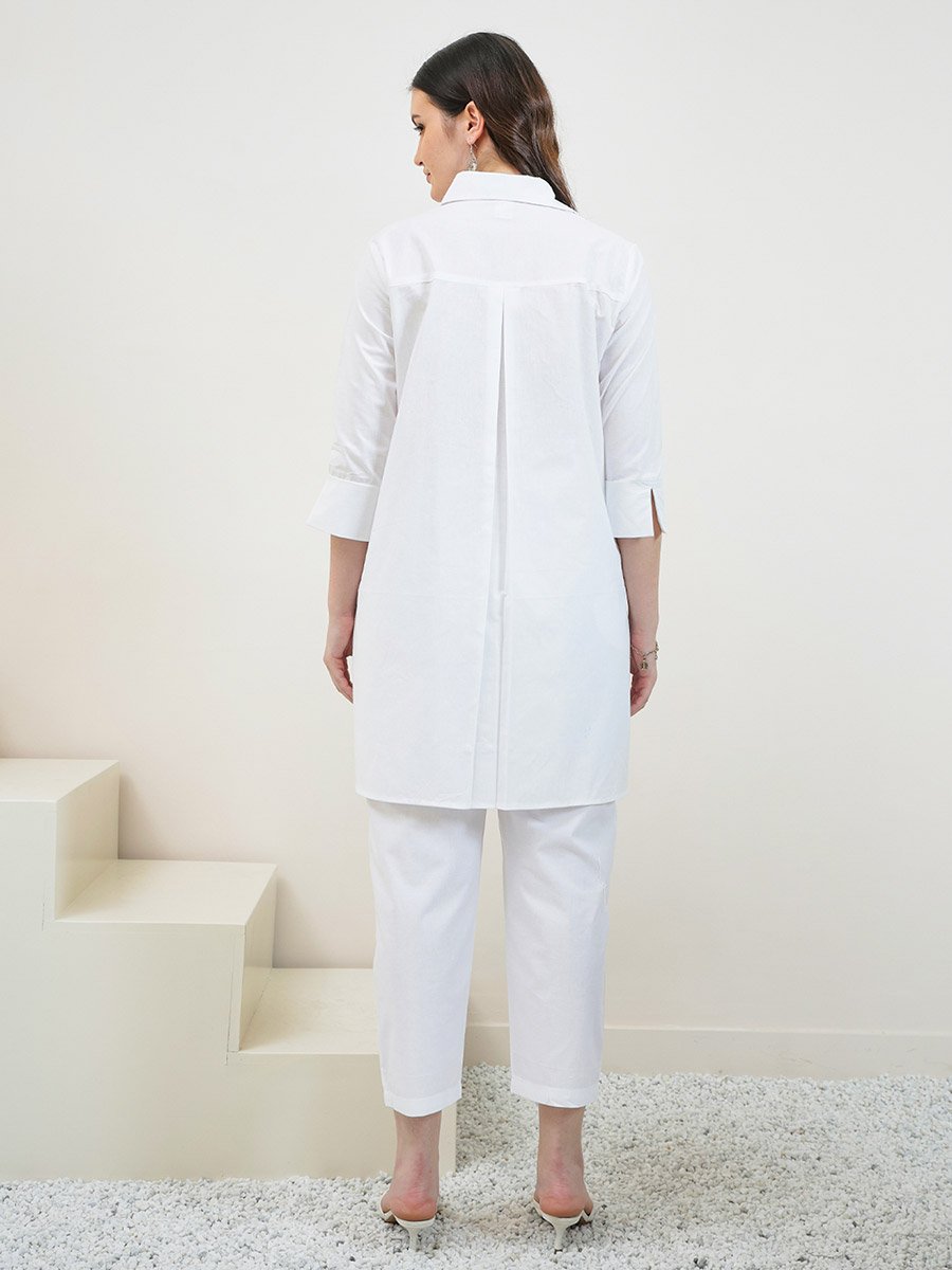 White Cotton Beaded Shirt and Pants Co-ords