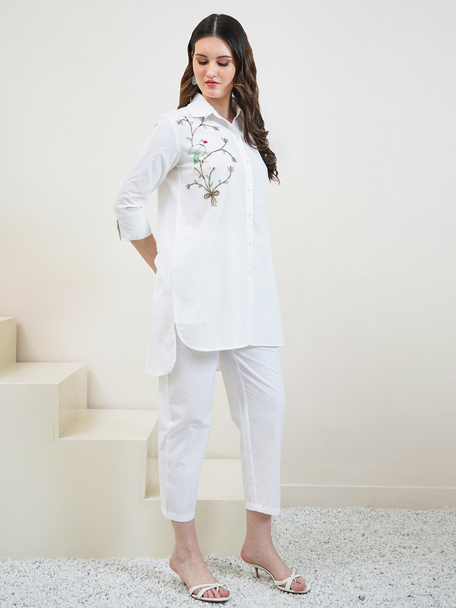 White Cotton Beaded Shirt and Pants Co-ords