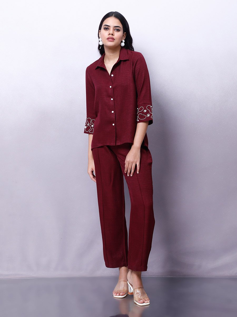 Maroon Embellished Shirt with Trousers Co-Ords