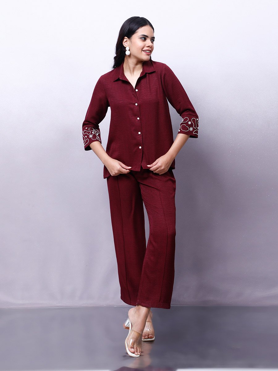 Maroon Embellished Shirt with Trousers Co-Ords