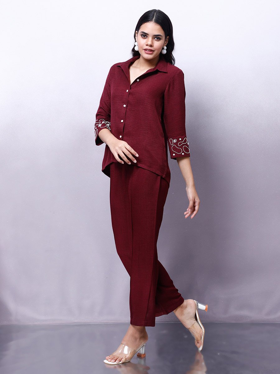 Maroon Embellished Shirt with Trousers Co-Ords