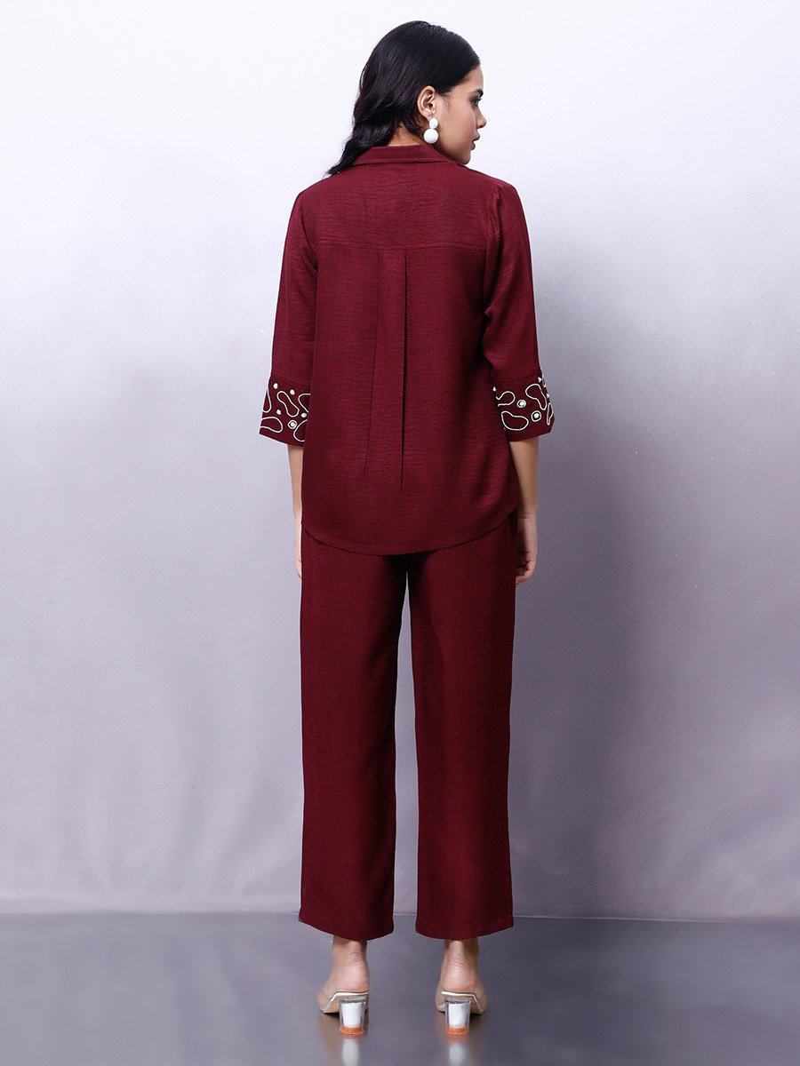 Maroon Embellished Shirt with Trousers Co-Ords