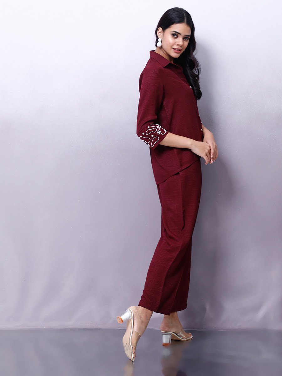 Maroon Embellished Shirt with Trousers Co-Ords