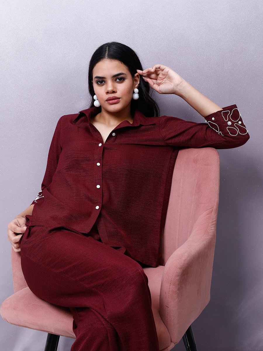 Maroon Embellished Shirt with Trousers Co-Ords